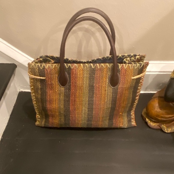 Large straw bag with leather straps navy Blue cloth lining size 22:22 - Picture 2 of 11